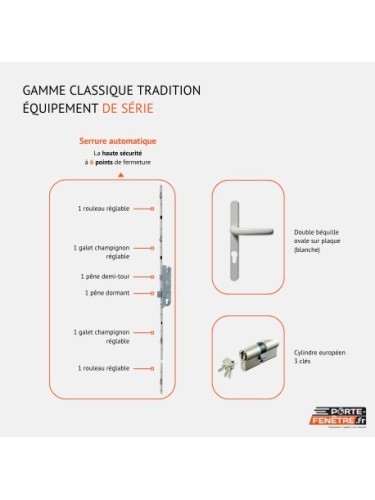 Porte d’entrée PVC JULIETTE – Gamme Tradition – Panneau plein mouluré avec hublot vitré
