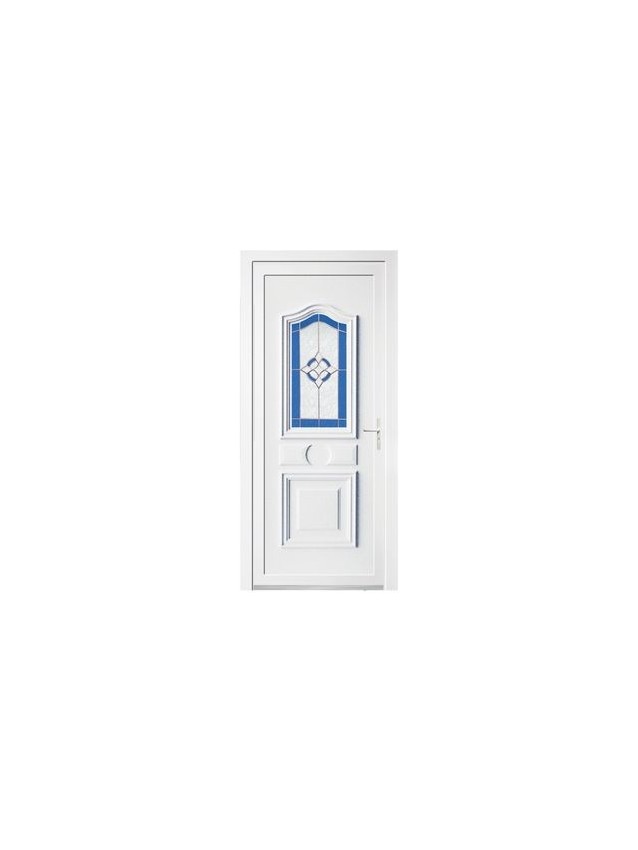 Porte d’entrée PVC INGRID – Gamme Tradition – Panneau mouluré & vitrage décoratif vitrail