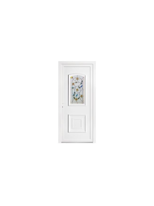 Porte d’entrée PVC BIRDY Rose – Panneau mouluré & vitrail floral – Gamme Élégance Tradition